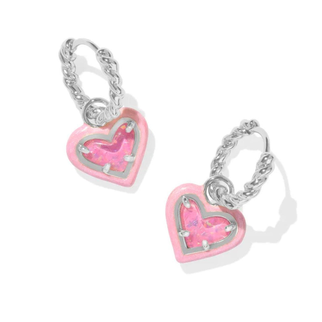 Ari Heart Silver Enamel Frame Huggie Earrings in Pink