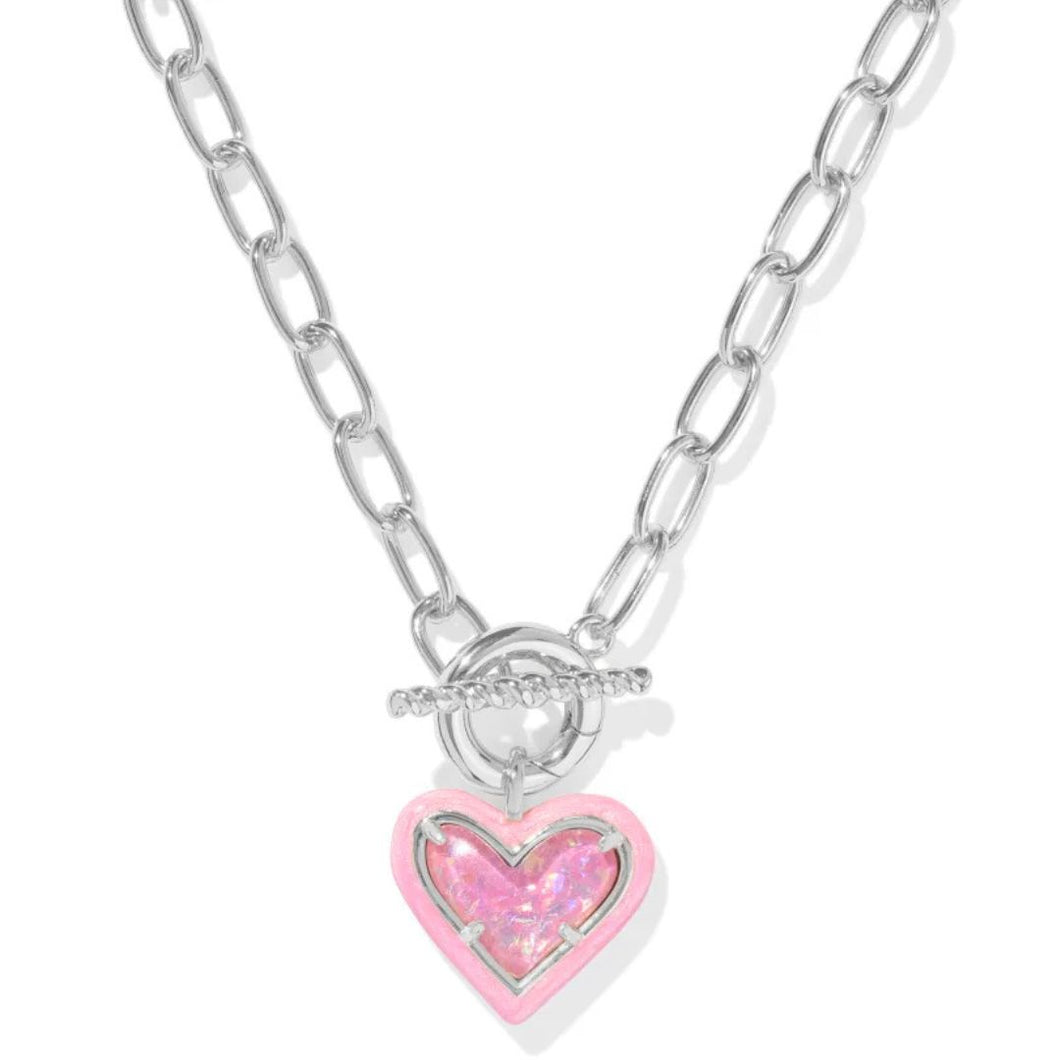 Ari Heart Silver Enamel Frame Link and Chain Necklace in Pink