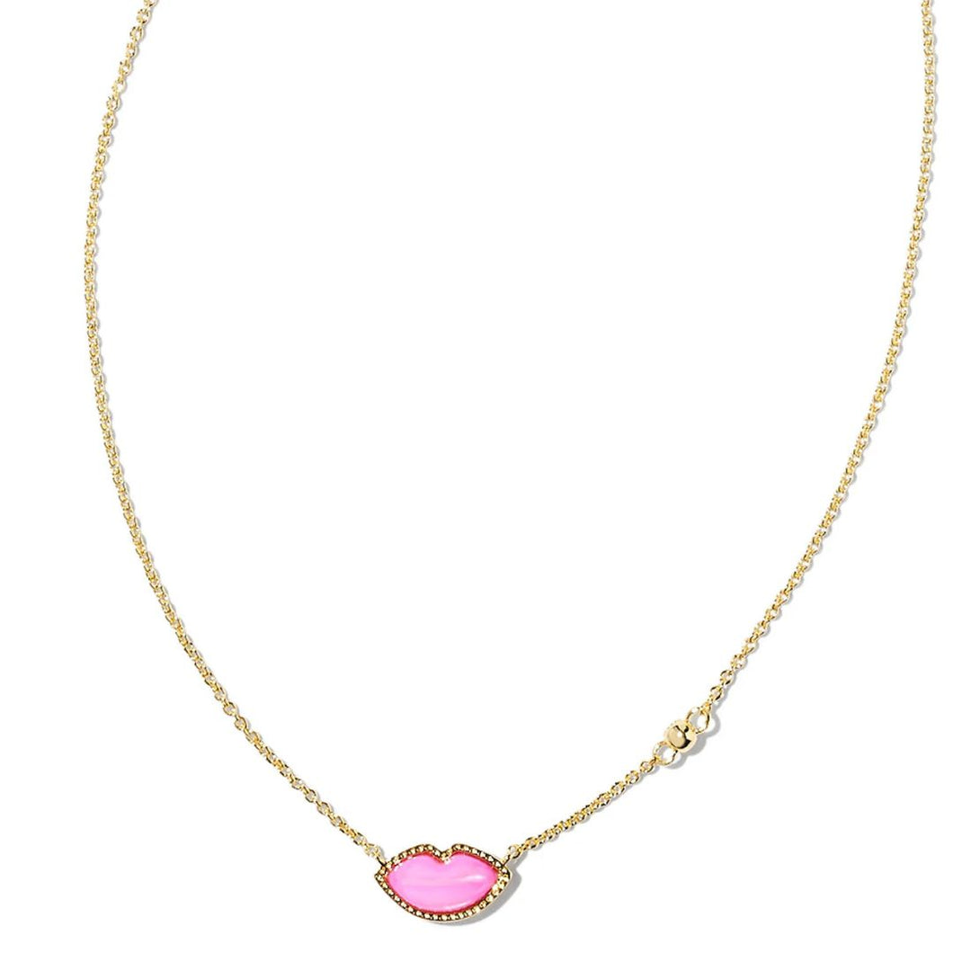 Lips Gold Pendant Necklace in Hot Pink Mother of Pearl