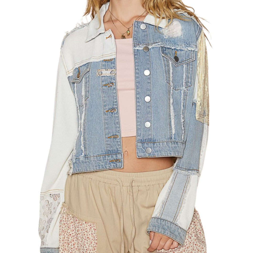 POL Lace Patchwork Denim Jacket