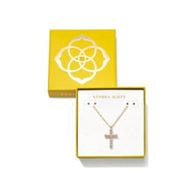 Load image into Gallery viewer, Kendra Scott Boxed Cross Crystal Pendant Necklace Gold White Crystal
