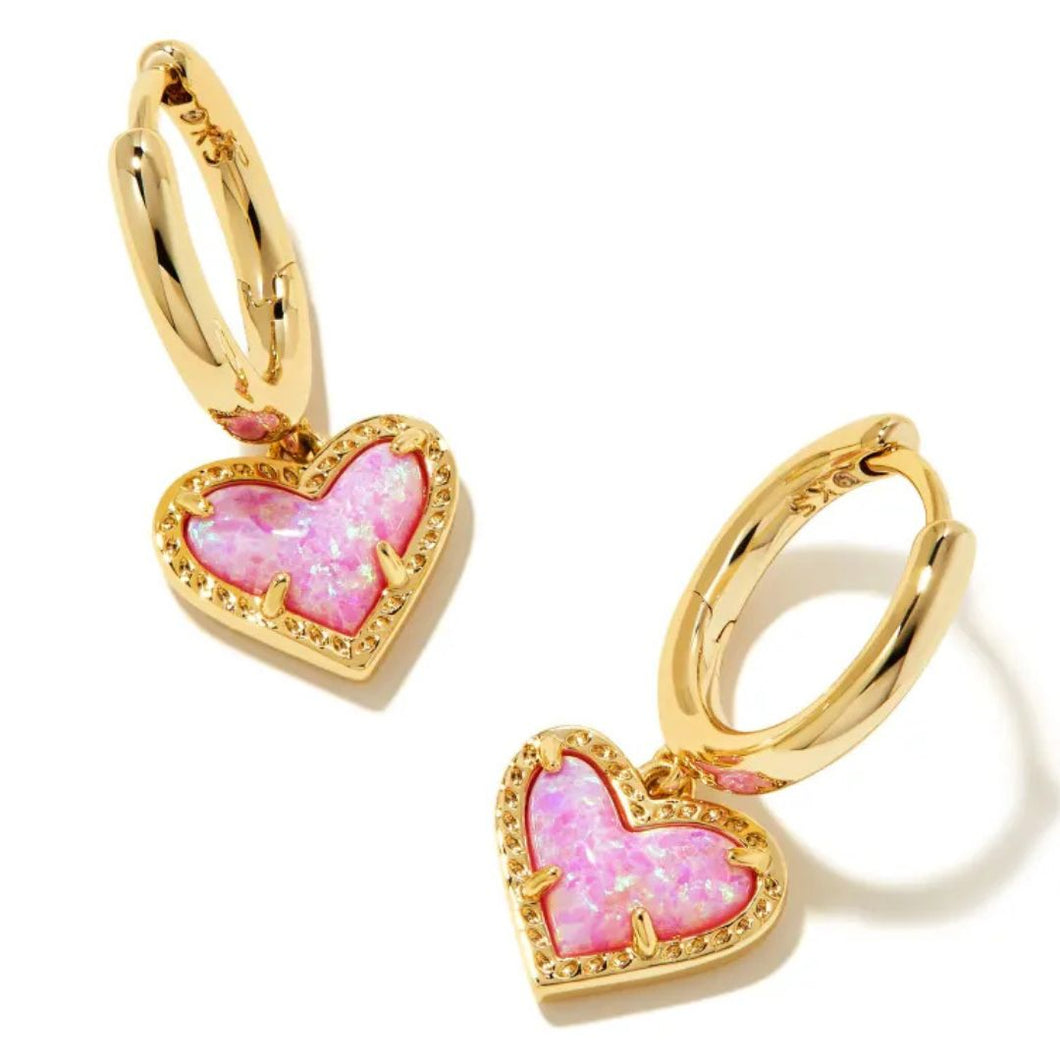 Ari Heart Gold Huggie Earrings in Bubblegum Pink Kyocera Opal