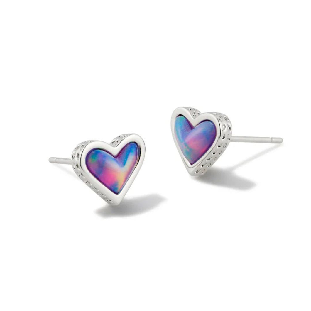 Framed Ari Heart Silver Stud Earrings in Lilac Opalescent