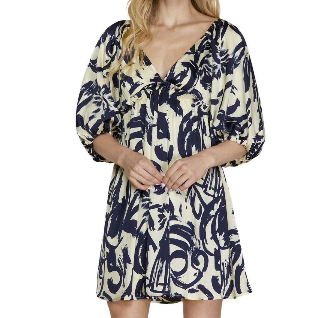 Bubble Sleeve Navy & White Printed Dress