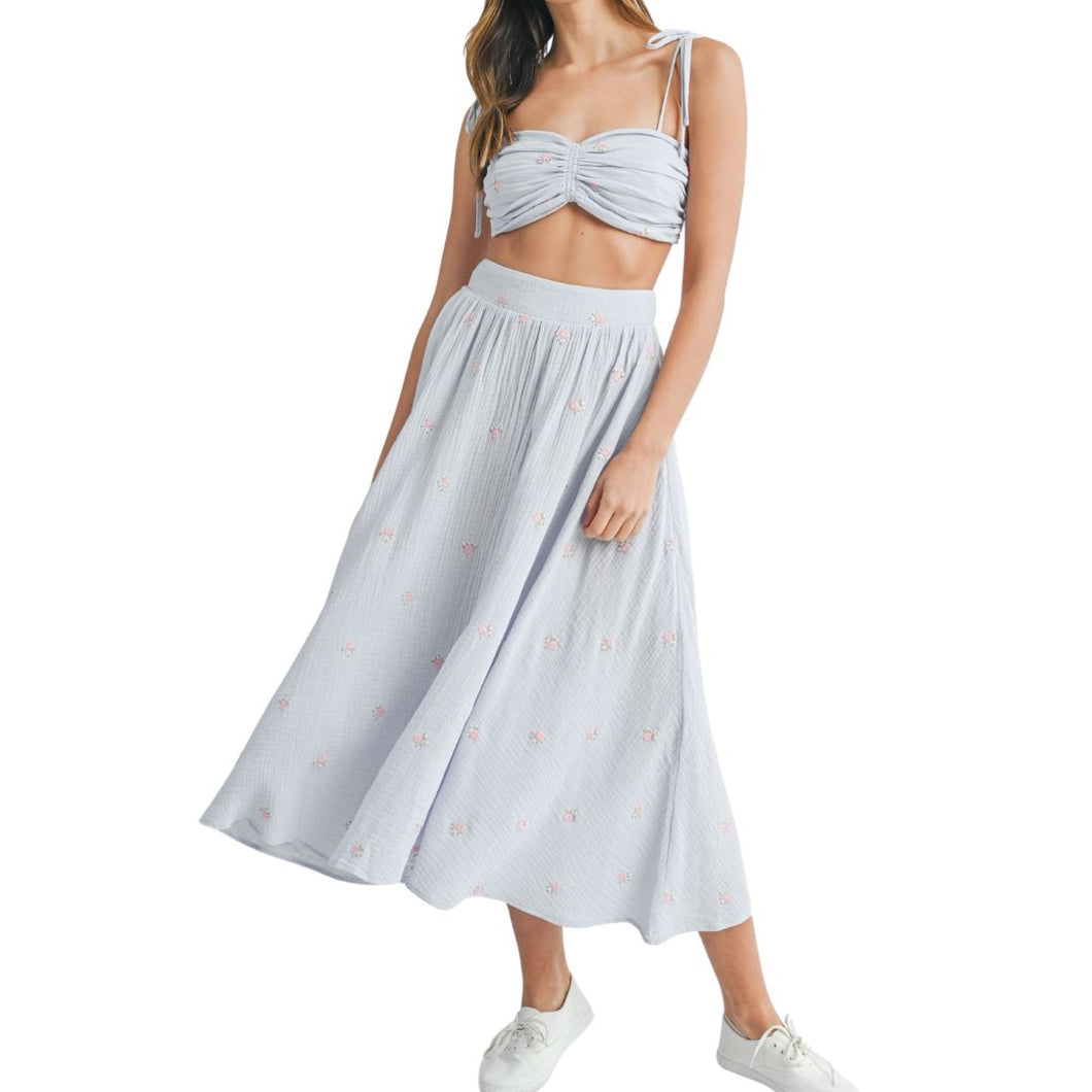 Mable Gauze Floral Embroidered Crop Top & Midi Skirt Set
