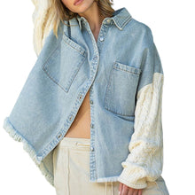 Load image into Gallery viewer, Denim Shacket with Knit Sweater Sleeves
