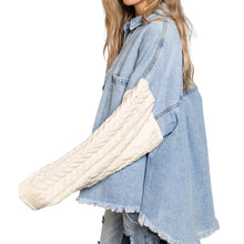 Load image into Gallery viewer, Denim Shacket with Knit Sweater Sleeves
