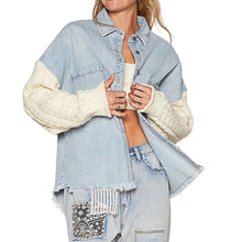 Load image into Gallery viewer, Denim Shacket with Knit Sweater Sleeves
